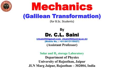Lecture-3 Mechanics- Frame of reference: Galilean Transformations | PDF