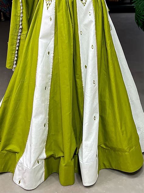 Buy Parrot Green & White Mirror Work Cotton Navratri Lehenga Choli ...