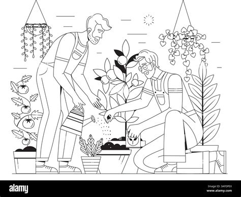 Gay Couple Planting and Watering Vegetable Plants Stock Vector Image & Art - Alamy