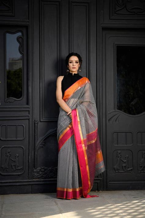 Black & White Check Maheshwari Silk Cotton Handloom Saree With Orange ...