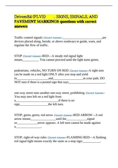 Drivers Ed (FLVS) 04.00 SIGNS, SIGNALS, AND PAVEMENT MARKINGS questions ...