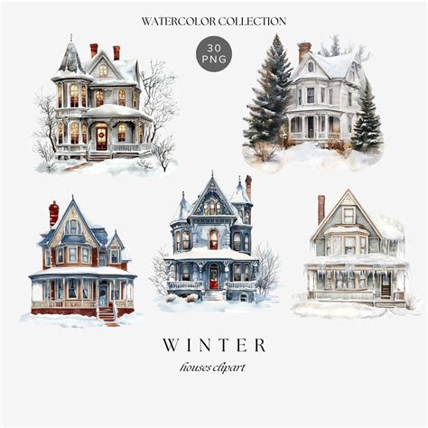 Watercolor Winter Houses Clipart, Winter Scenery Clipart, Cozy Home Png ...