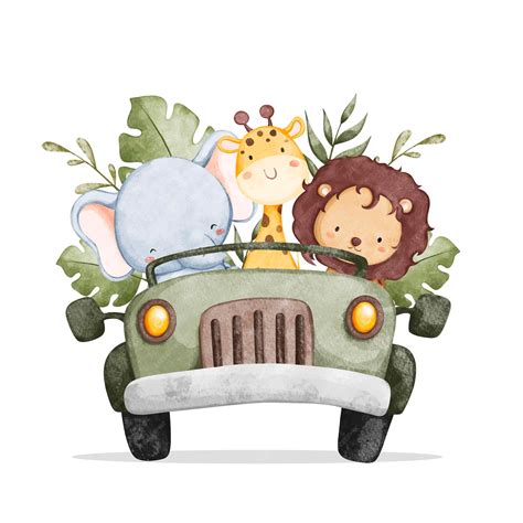 Premium Vector | Watercolor illustration safari animals in jeep