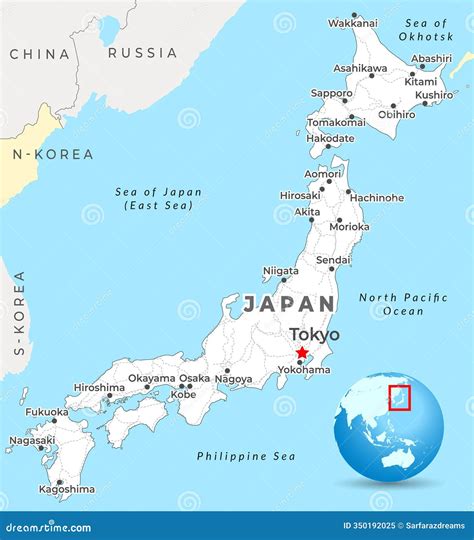Japan Map with Capital Tokyo, Most Important Cities and National Borders Stock Illustration ...