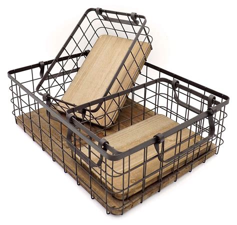 INDIAN DECOR. 45427 Metal Wire Natural Wood Base Nesting Organizers ...