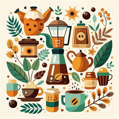 Colorful illustration of coffee tea and coffee makers with leaves and ...