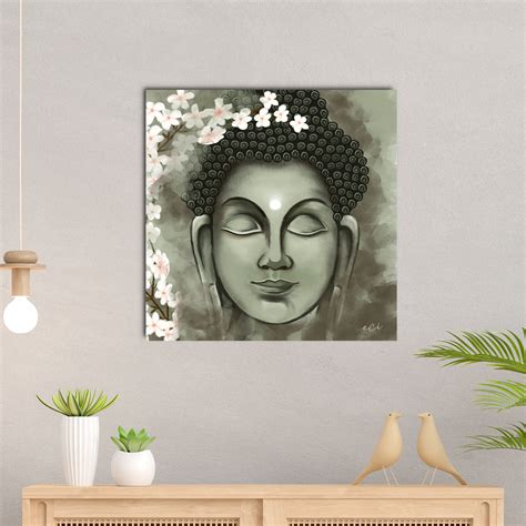 Meditating Lord Buddha Green Original Design Canvas Printed Wall ...