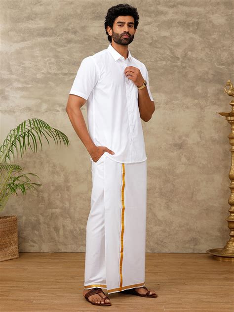 Men Cotton Blend Readymade Single Layer White Dhoti with Gold Jari ...