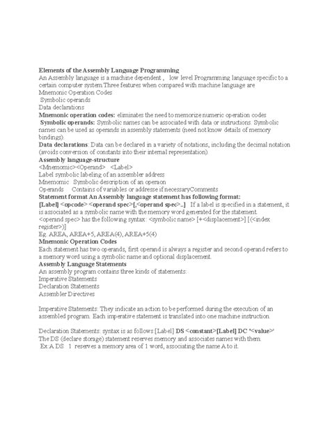 Assembly Language Programming Essentials: Assembler Notes - Studocu