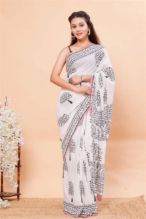 Hand Block Printed Mul Cotton Saree – Jaipur Tex
