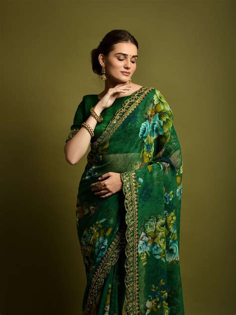 Buy Georgette Chiffon With Flower Print With Embroidered Foil Work ...