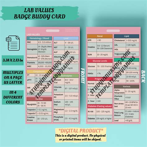 Lab Values for Nursing Reference Card | Medical Reference Badge Buddy ...