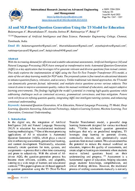 AI-Driven Question Generation Using T5 Model for Education (RSP 3 ...