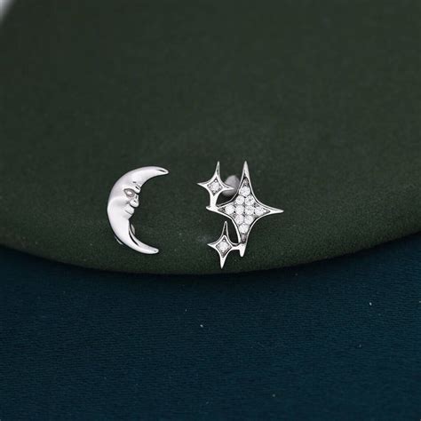 Sterling Silver Moon Face And Stars Stud Earrings By Silver Rain Silver