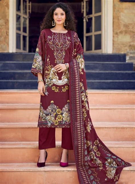 Maroon Pakistani Print Unstitched Pure Cotton Salwar Suit Material ...