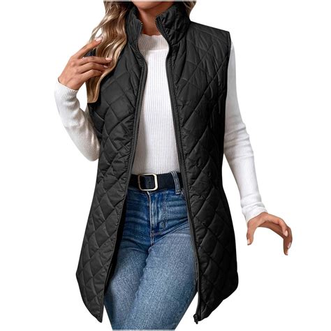 Women's Quilted Long Vest Basic Solid Color Lightweight Padded Gilet ...