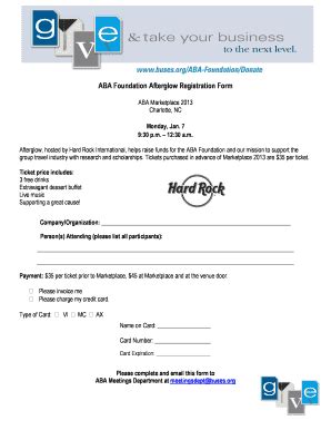 Fillable Online buses ABA Foundation Afterglow Registration Form ...