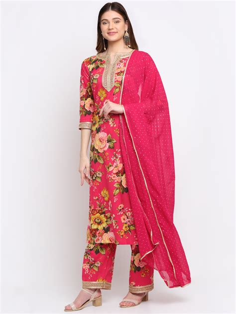 Pink Floral Kurti with Straight Palazzo and Foil Dupatta – anokherang