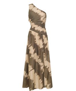 Lace Khaki beige tie-dye cotton one shoulder maxi dress