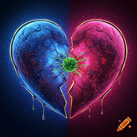 A stylized, cracked heart, half blue and half pink, with a green virus between the halves ...