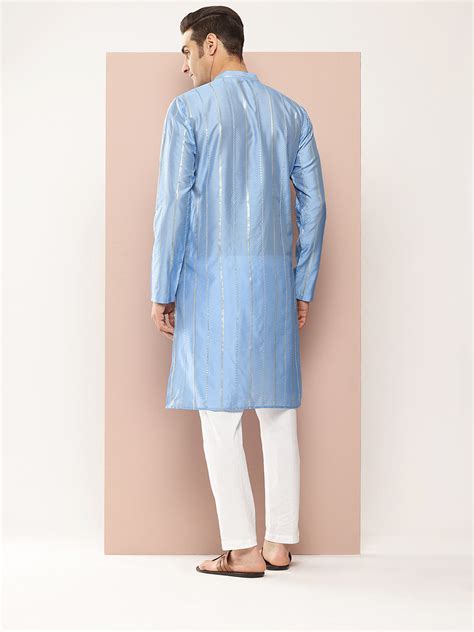 Men's Turquoise Blue Sequins Embroidered Chanderi Silk Straight Kurta ...