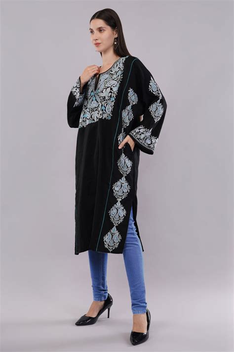 Buy Online Black Kashmiri Pheran with Grey & Moonstone Blue Aari ...
