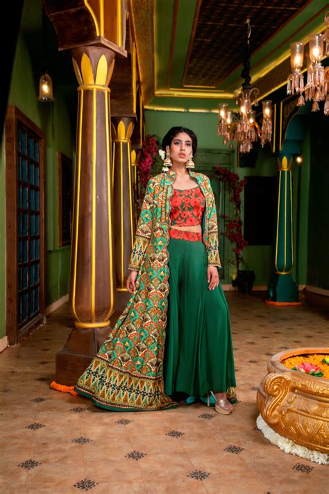 Teal Printed Scalloped Jacket Set – Charu Parashar Designs