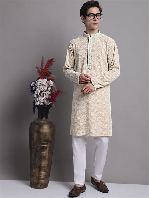 Men's Peach Chikankari Embroidered and Sequence Kurta with Pyjama ...
