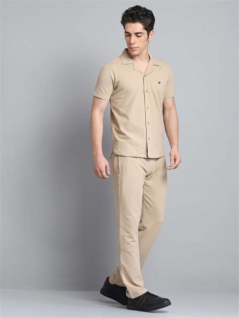 Buy Men Khaki Self Design Collar Half Sleeve Lower Set Online in India ...