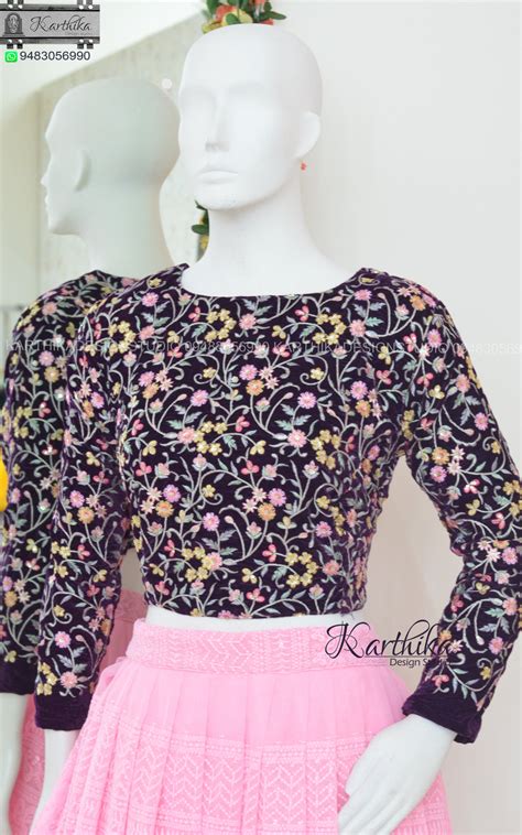 Embroidered velvet and georgette crop top lehenga – karthika design studio