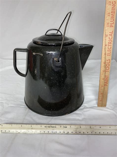 Vintage Enamelware Cowboy Coffee Pot Black Speckled Camping Kettle 10 ...