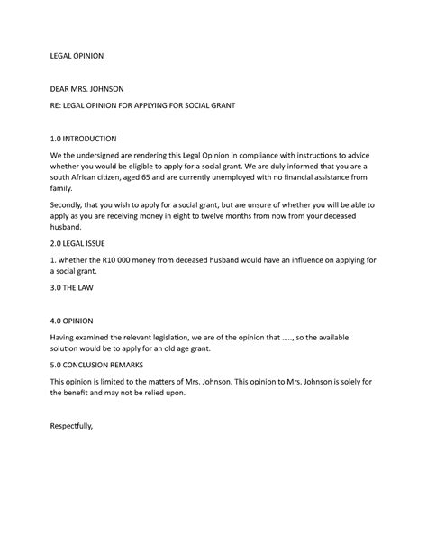 Legal opinion - LEGAL OPINION DEAR MRS. JOHNSON RE: LEGAL OPINION FOR ...