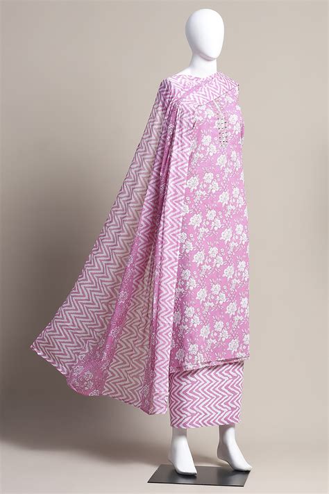 Buy Pink Cotton Floral Printed Unstitched Suit Set Online at Biba India