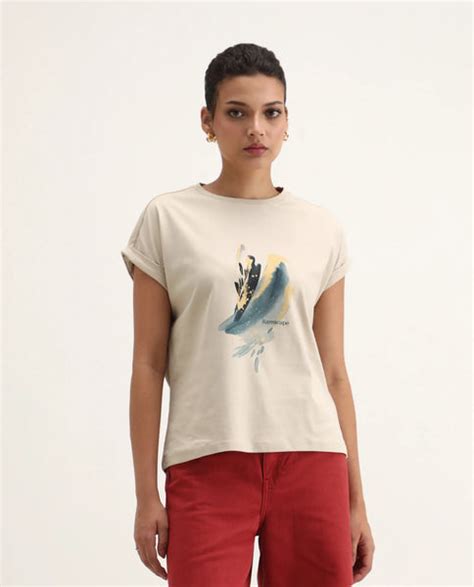 Rareism Women's Jango-S26 Beige Cotton Half Sleeve Regular Fit Graphic