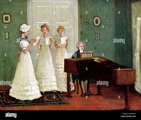 Robert Schumann playing the piano, with three women standing next to ...