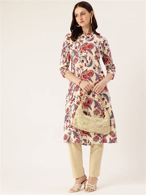 Cream Floral Printed Roll-Up Sleeves A-Line Kurta – Amukti - The Women ...