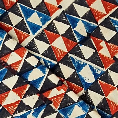 Pure Cotton Ajarak Cream With Blue And Red Triangles Hand Block Print ...