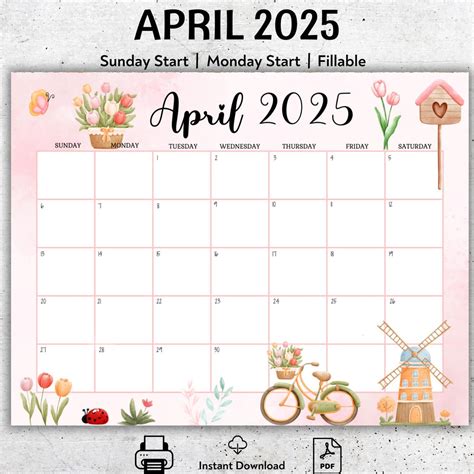 EDITABLE April 2025 Calendar, Printable April Planner, Fillable ...