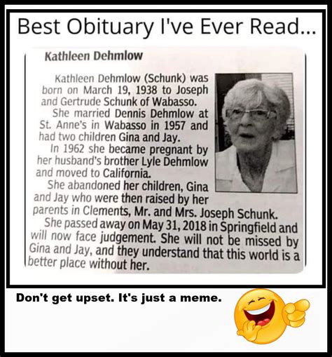 Best Obituary I've Ever Read... Kathleen Dehmlow Kathleen Dehmlow ...