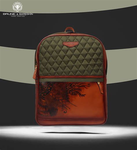 Hand Paint Leather Backpack Tan Olive Diamond Stitching Pattern