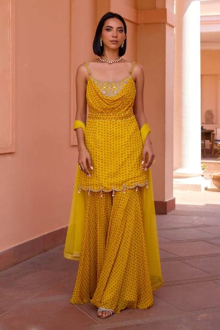 Buy Yellow Georgette, Net, Satin Sequins, Inayat Bandhani Print Kurta ...