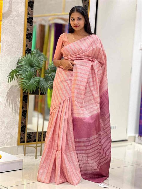 Rose Pink Kota Silk With Allover Stripe Design & Contrast Pallu Wrap in ...