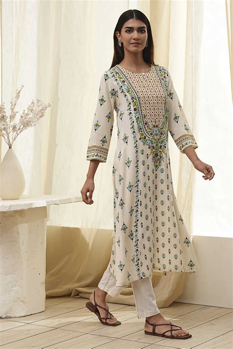 Buy Cream-Colored Printed Straight Kurta Online at Biba India