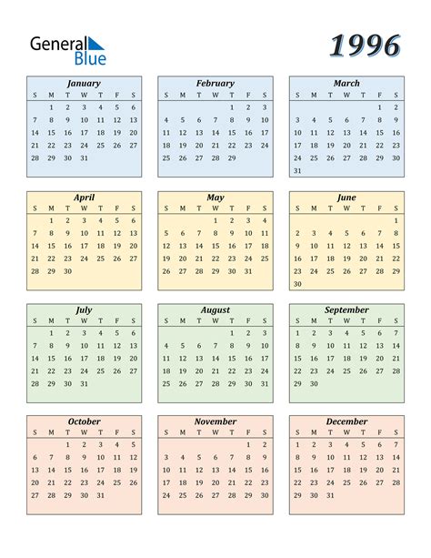 1996 Calendar (PDF, Word, Excel)