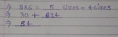 Evaluate. 9 * 6 = ____ sixes + 4 sixes =30 + ____ =_____ - Brainly.in