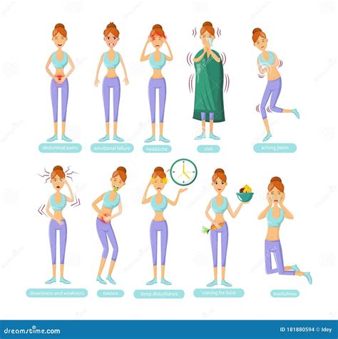 PMS - Young Woman with Premenstrual Syndrome Symptoms Cartoon Vector ...
