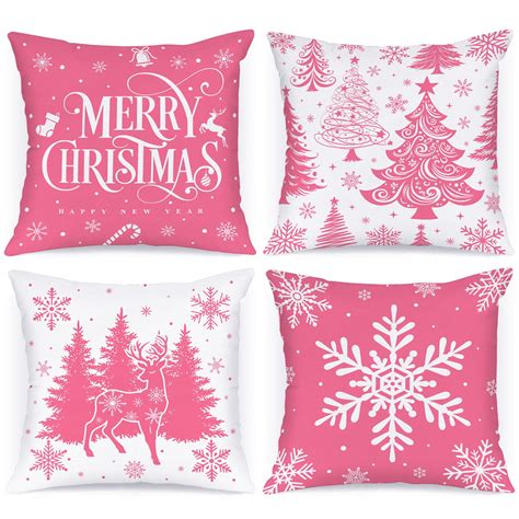 Lanpn 18x18 Pink Christmas Pillow Covers Set of 4, Christmas ...