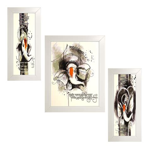 Indianara Set of 3 Black Ganesha in White Frames Paintings (2104 ...