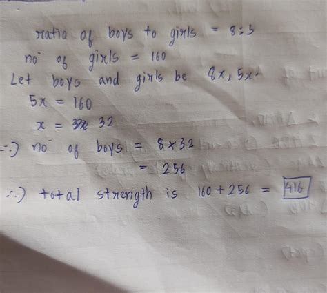 the boys and girls in a school are in the ratio of 8:5 .if the number ...