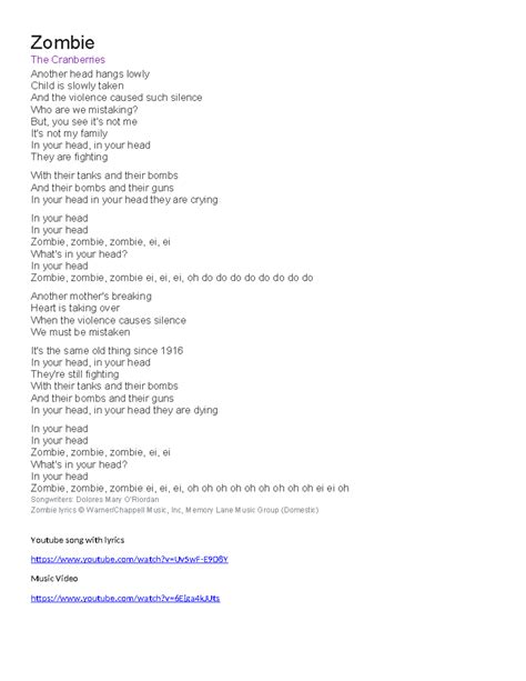 Zombie Lyrics - Zombie The Cranberries Another head hangs lowly Child is slowly taken And the ...